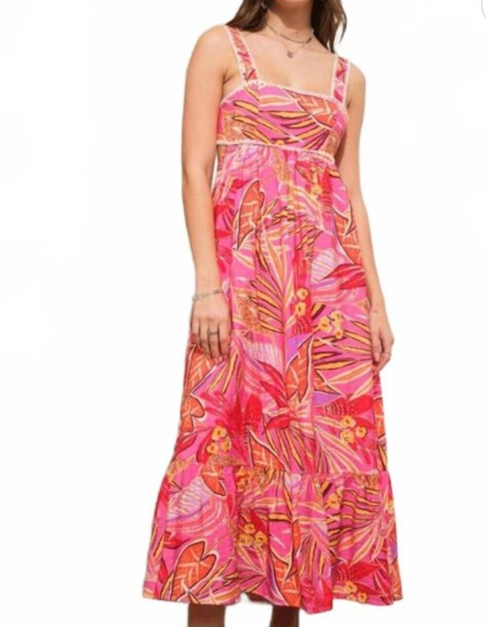 Blue B Womens L Multicolor Tropical Embroidered Open Back Summer Maxi Dress NEW